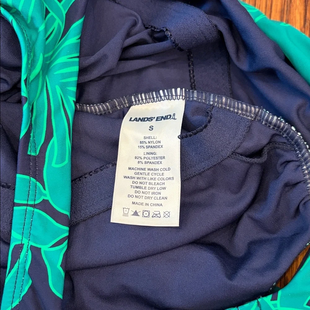Lands' End Women's One Piece Swimsuit — Navy & Emerald Green Leaf Print — Size S